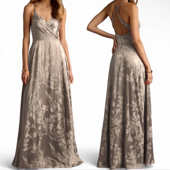 Azazie Dresses & Skirts - NWT AZAZIE Gabrielle Taupe Satin Jacquard Maxi Dress Formal Bridesmaid Prom Sz 8